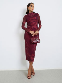 Styli - Burgundy Floral Printed Bodycon Midi Dress