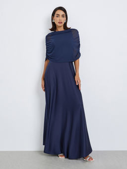 Styli - Women's Navy Blue Solid Cape Style A-Line Evening Maxi Dress
