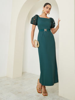 Styli - Women Green Lace Puff Sleeve Sheath Maxi Dress with Belt