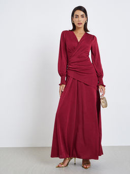 Styli - Women's Burgundy Solid Pleated Waist V-Neck Wrap Maxi Dress