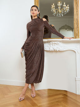 Styli - Women Brown Shimmer Knit Asymmetric Maxi Dress