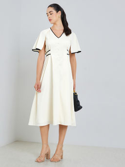 Styli - Women Cream Buttoned Detail Flared Sleeves A-Line Midi Dress