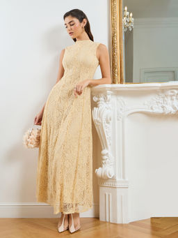 Styli - Women's Cream Self Design Sleeveless A-Line Maxi Dress