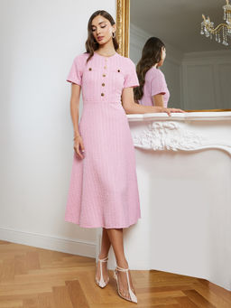Styli - Women Pink Tweed Look Short Sleeve Midi Dress