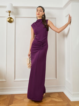 Styli - Women Burgundy Sleeveless Ruched Maxi Dress