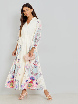 Styli - Women Off White Floral Printed Shirt Maxi Dress