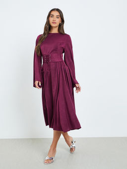 Styli - Women Burgundy Long Sleeves A-Line Midi Dress