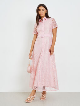 Styli - Women Pink Lace Short Sleeves Shirt Maxi Dress with Belt