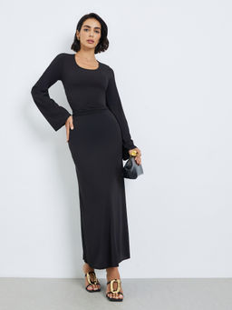 Styli - Women Black Ribbed Round Neck Long Sleeve Bodycon Maxi Dress