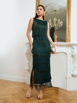 Styli - Women Green Sleeveless Tiered Fringed Maxi Dress