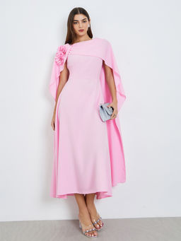 Styli - Women Pink Floral Detail Cape Detail Party Midi Dress