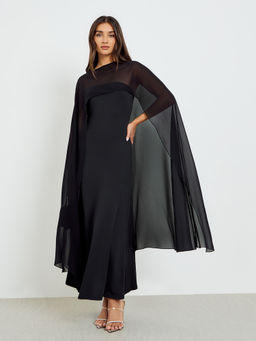 Styli - Women's Solid Black Sheath Maxi Dress with Sheer Shawl