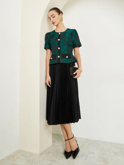 Styli - Women Green Jacquard Pleated A-Line Midi Dress
