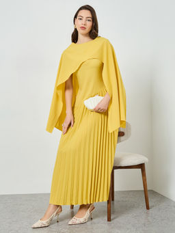 Styli - Women Yellow Pleated Cape Sleeve Maxi Dress