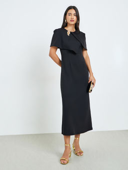 Styli - Women Black Cape Style Midi Dress with Brooch Accent