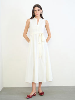 Styli - Women Cream Button Detail Sleeveless Cotton A-Line Maxi Dress with Belt