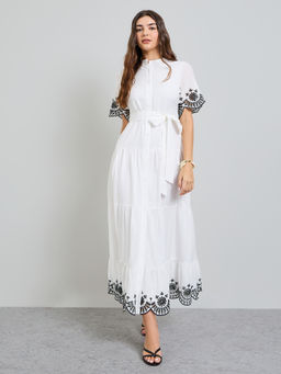 Styli - Women White Embroidered Shirt Maxi Dress with Tie-Up Belt