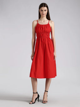 Tommy Hilfiger - Red Cotton Shoulder Straps Neck A-Line Dress