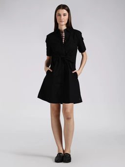 Tommy Hilfiger - Black Cotton Spread Collar A-Line Dress