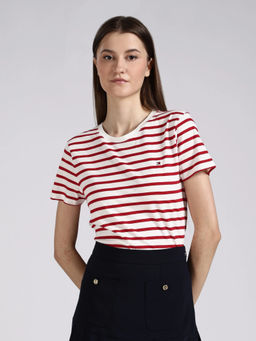 Tommy Hilfiger - White Striped Regular Fit Cotton T-Shirt