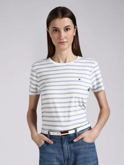 Tommy Hilfiger - White Striped Regular Fit Cotton T-Shirt