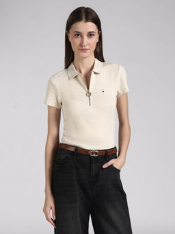 Tommy Hilfiger - Beige Textured Slim Fit Cotton Polo T-Shirt