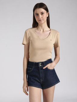 Tommy Hilfiger - Beige Solid Regular Fit Cotton T-Shirt
