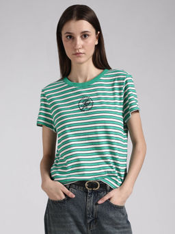 Tommy Hilfiger - Green Striped Regular Fit Cotton T-Shirt