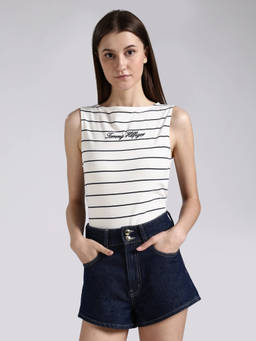 Tommy Hilfiger - Off White Striped Slim Fit Cotton T-Shirt