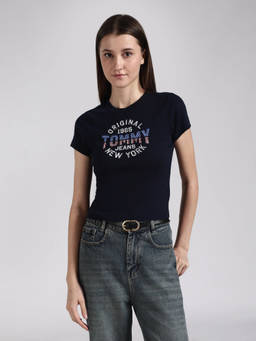 Tommy Hilfiger - Navy Blue Typography Slim Fit Cotton T-Shirt