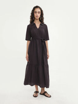 RAREISM - Textured Dark Brown Women Dress with Belt