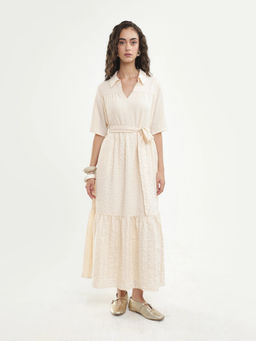 RAREISM - Textured Off White Women Dress with Belt