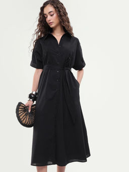 RAREISM - Solid Jet Black Women Dress with Belt