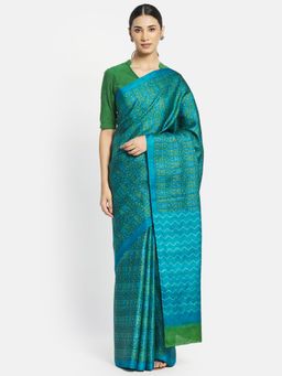 Fabindia - Blue Silk Hand Block Print Saree without Blouse