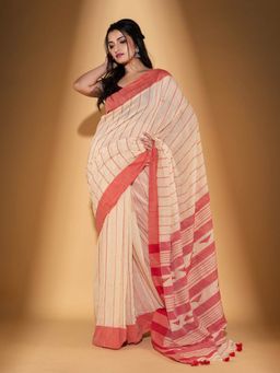 Beatitude - Off White Handspun Cotton Woven Saree with Unstitched Blouse