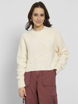 American Eagle - Women Cream Cropped Crew Neck Bow Sweater