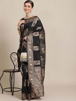 Sareemall - Women Cotton Blend Black Designer Saree with Unstitched Blouse