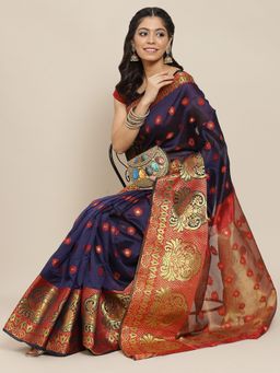 ISHIN - Womens Poly Silk Navy Blue & Red Woven Design Saree with Unstitched Blouse