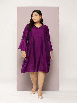 Qurvii - Wine Georgette A-Line Dress With Bell Sleeve