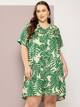 Qurvii - Green Leaf Print Mandarin Collar Tunic Dress