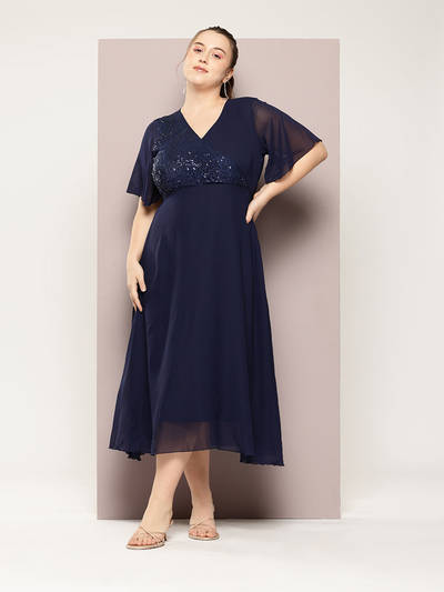 Elegant Navy Georgette Party Midi Dress