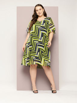 Qurvii - Neon Yellow Abstract Print A-Line Dress