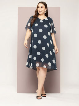 Qurvii - Navy and White Big Polka Georgette V-Neck A-Line Calf-Length Dress