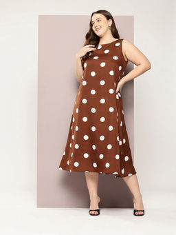 Qurvii - Brown and White Big Polka A-Line Dress