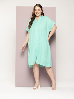 Qurvii - Solid Turquoise Blue Cotton Slub Full Placket Straight Dress