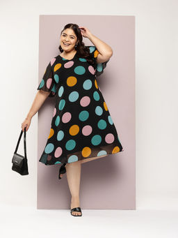 Qurvii - Black Big Polka Georgette V-Neck A-Line Knee-Length Dress