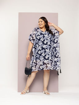 Qurvii - Navy and White Floral Knee Length Kaftan Dress