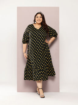 Qurvii - Heart Printed A-Line Slit Dress with Puffed Sleeves