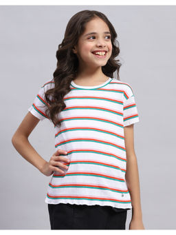 Monte Carlo - Girls Off White Striped Round Neck Half Sleeve T-Shirt