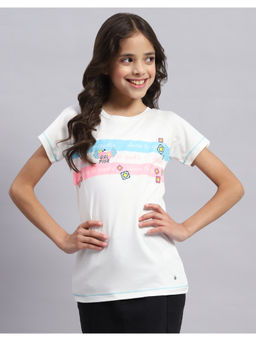 Monte Carlo - Girls Off White Printed Round Neck Half Sleeve T-Shirt